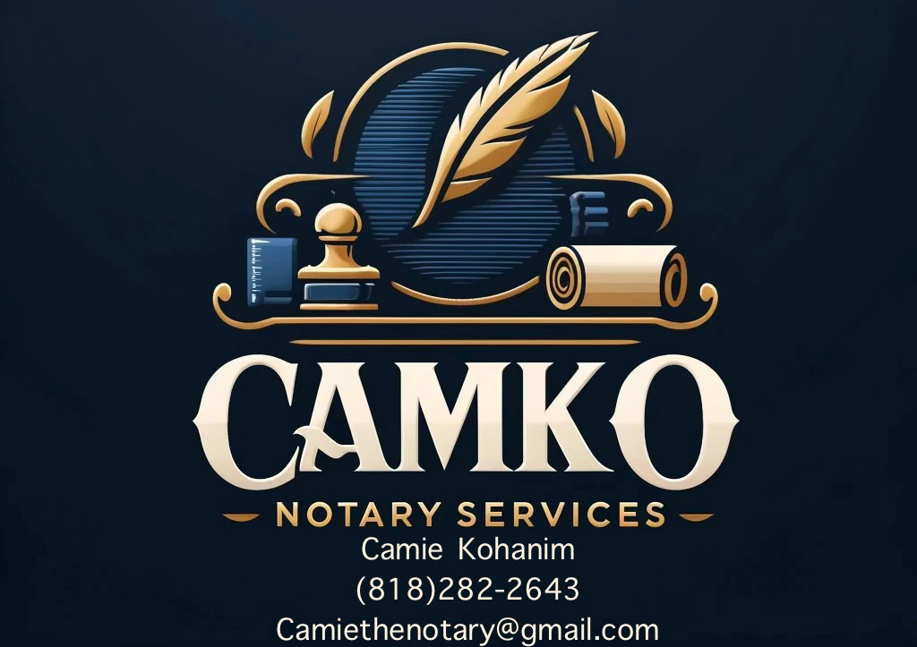 Original CAMKO Notary Services logo with gold quill, stamp, and scroll